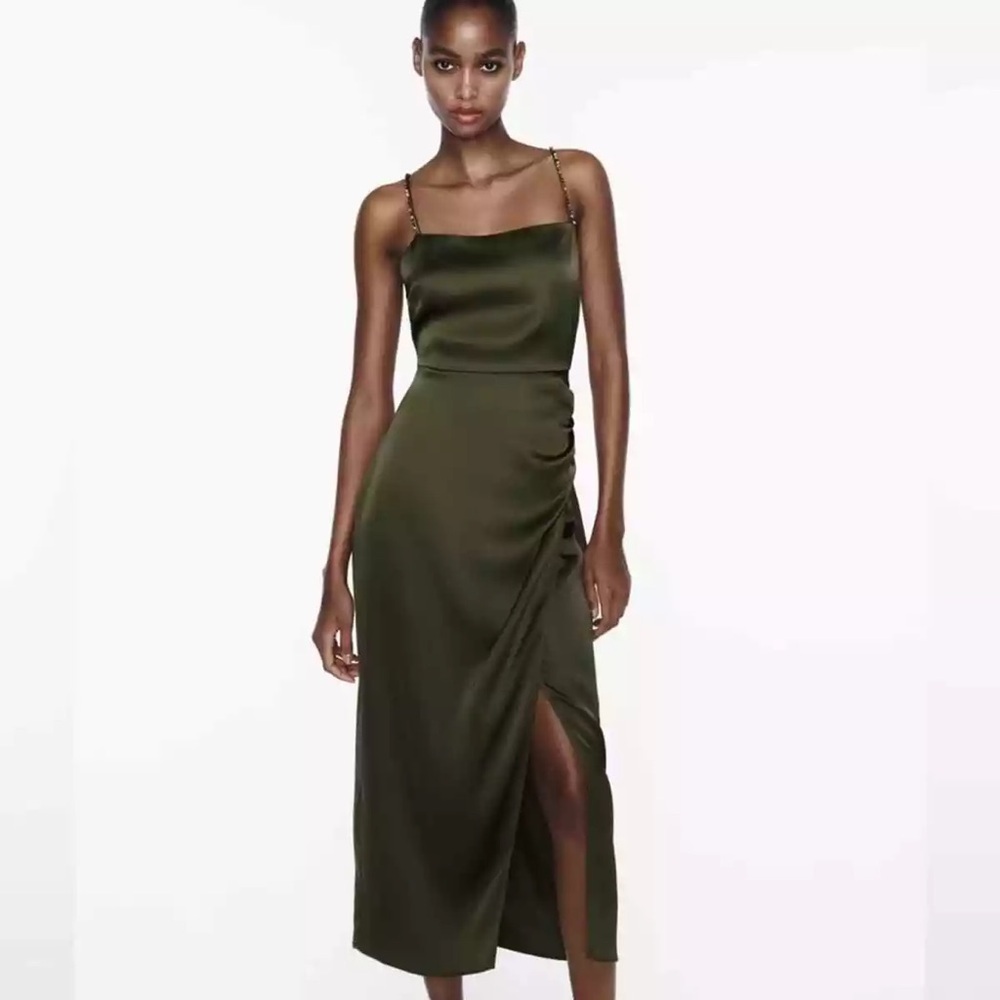 Zara Olive Green Satin Midi Dress with Chain Straps